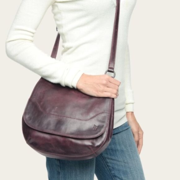Frye Melissa Distressed Leather Saddle Crossbody Bag in Wine - Picture 1 of 15